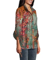 John Mark Floral Print Wire Neck 3/4 Ruffled Sleeve Top