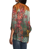 John Mark Floral Print Wire Neck 3/4 Ruffled Sleeve Top