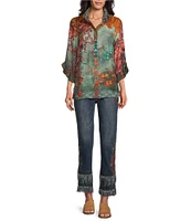 John Mark Floral Print Wire Neck 3/4 Ruffled Sleeve Top