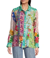 John Mark Floral Print Patch Point Collar Long Roll-Tab Sleeve Button-Front Blouse