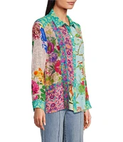John Mark Floral Print Patch Point Collar Long Roll-Tab Sleeve Button-Front Blouse