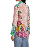 John Mark Floral Print Patch Point Collar Long Roll-Tab Sleeve Button-Front Blouse