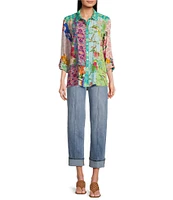 John Mark Floral Print Patch Point Collar Long Roll-Tab Sleeve Button-Front Blouse