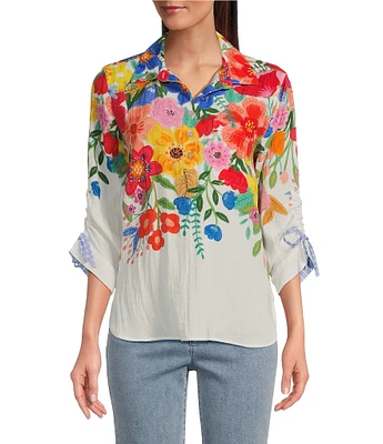 John Mark Floral Print Point Collar 3/4 Cinched Tie Sleeve Woven Top