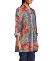 John Mark Floral Printed Collared Long Sleeve Button Down Top