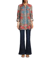 John Mark Floral Printed Collared Long Sleeve Button Down Top