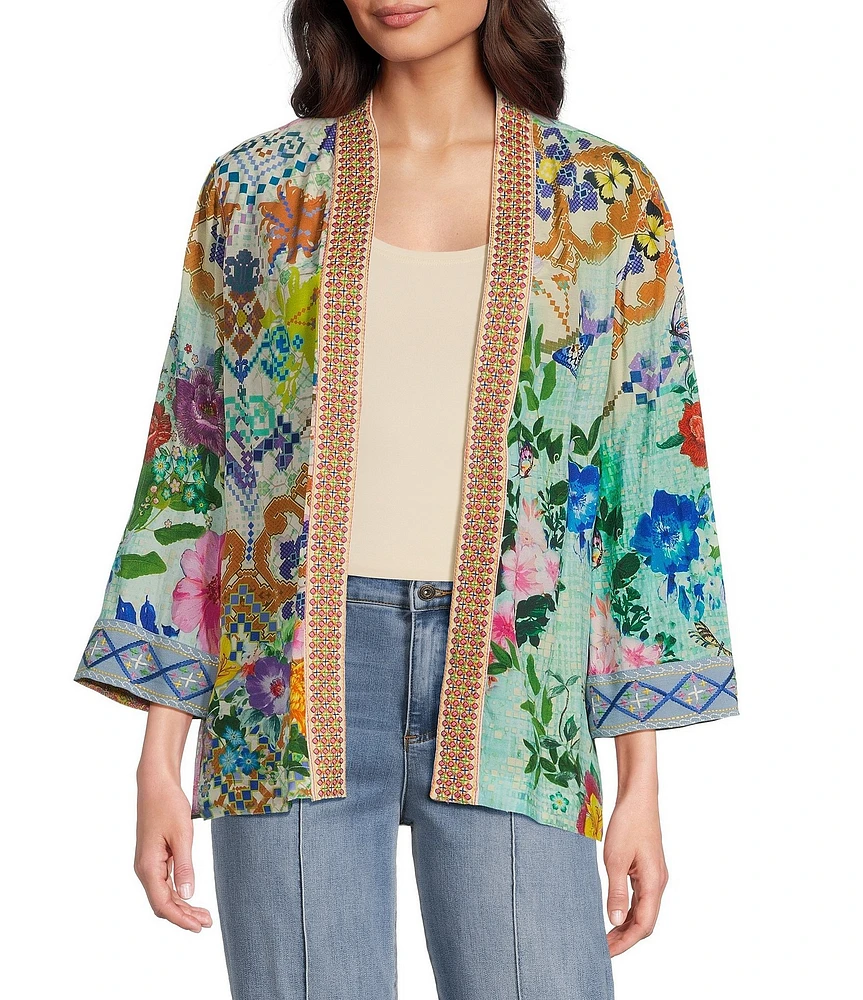 John Mark Floral-Printed Embroidered-Trim 3/4 Sleeve Kimono