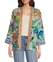John Mark Floral-Printed Embroidered-Trim 3/4 Sleeve Kimono