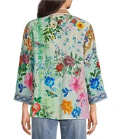 John Mark Floral-Printed Embroidered-Trim 3/4 Sleeve Kimono