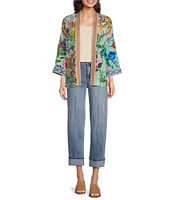 John Mark Floral-Printed Embroidered-Trim 3/4 Sleeve Kimono