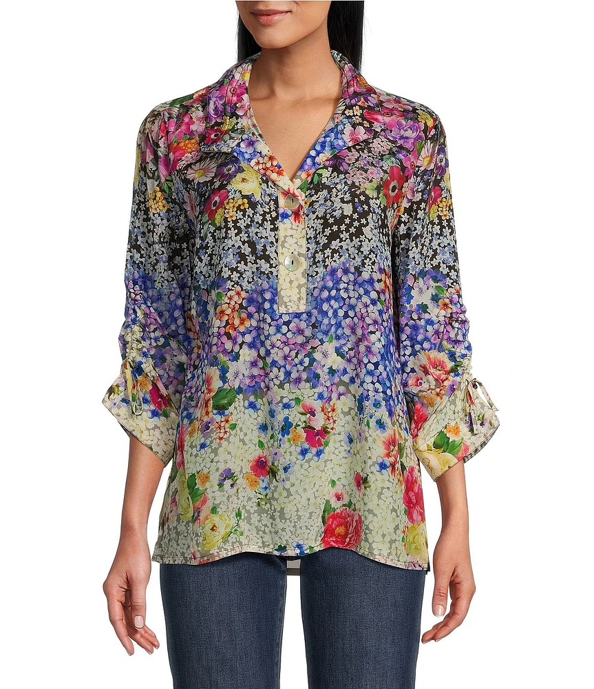 John Mark Floral-Printed Wire Collar 3/4 Sleeve Button-Front Top