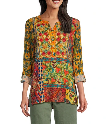 John Mark Floral Printed Y-Neck 3/4 Roll-Tab Sleeve Tunic Top