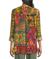 John Mark Floral Printed Y-Neck 3/4 Roll-Tab Sleeve Tunic Top