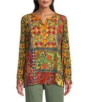 John Mark Floral Printed Y-Neck 3/4 Roll-Tab Sleeve Tunic Top