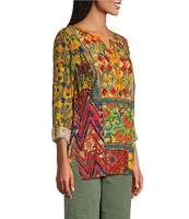 John Mark Floral Printed Y-Neck 3/4 Roll-Tab Sleeve Tunic Top