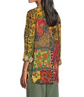 John Mark Floral Printed Y-Neck 3/4 Roll-Tab Sleeve Tunic Top