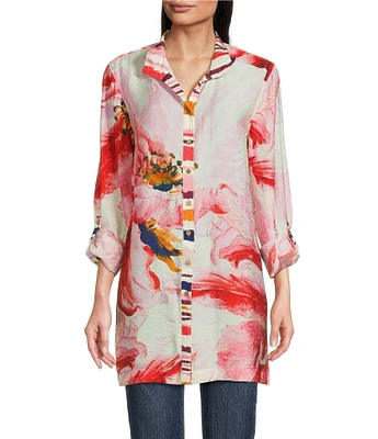John Mark Floral Wire Collar Long Roll-Tab Sleeve Hi-Low Hem Button-Front Tunic