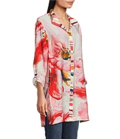 John Mark Floral Wire Collar Long Roll-Tab Sleeve Hi-Low Hem Button-Front Tunic