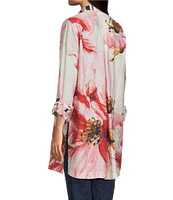 John Mark Floral Wire Collar Long Roll-Tab Sleeve Hi-Low Hem Button-Front Tunic