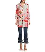John Mark Floral Wire Collar Long Roll-Tab Sleeve Hi-Low Hem Button-Front Tunic