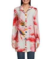 John Mark Floral Wire Collar Long Roll-Tab Sleeve Hi-Low Hem Button-Front Tunic