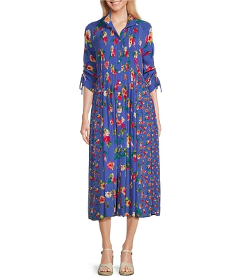 John Mark Floral Wire Neck Cinch Tie Sleeve Button Front Dress