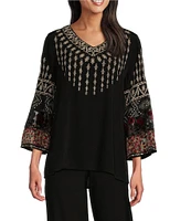 John Mark Geometric Floral Embroidered V-Neck 3/4 Sleeve Velvet Burnout Top