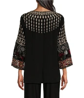 John Mark Geometric Floral Embroidered V-Neck 3/4 Sleeve Velvet Burnout Top