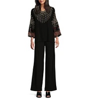 John Mark Geometric Floral Embroidered V-Neck 3/4 Sleeve Velvet Burnout Top