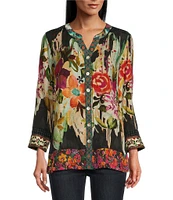 John Mark Jacquard Mixed Print Mandarin Collar 3/4 Sleeve Hi-Low Hem Button Front Blouse