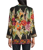 John Mark Jacquard Mixed Print Mandarin Collar 3/4 Sleeve Hi-Low Hem Button Front Blouse