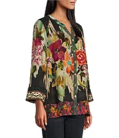 John Mark Jacquard Mixed Print Mandarin Collar 3/4 Sleeve Hi-Low Hem Button Front Blouse