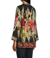 John Mark Jacquard Mixed Print Mandarin Collar 3/4 Sleeve Hi-Low Hem Button Front Blouse