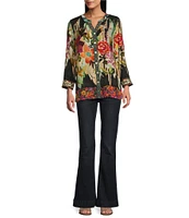 John Mark Jacquard Mixed Print Mandarin Collar 3/4 Sleeve Hi-Low Hem Button Front Blouse