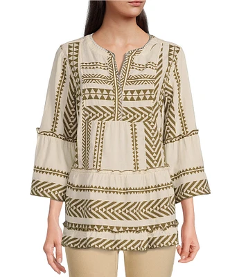 John Mark Jacquard Woven Geometric Print Split V-Neck 3/4 Bell Sleeve Top