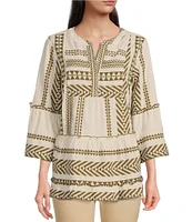 John Mark Jacquard Woven Geometric Print Split V-Neck 3/4 Bell Sleeve Top