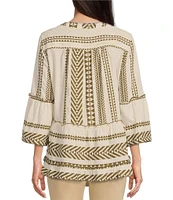 John Mark Jacquard Woven Geometric Print Split V-Neck 3/4 Bell Sleeve Top