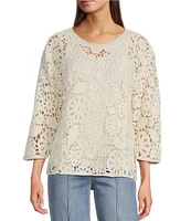 John Mark Lace Scoop Neck 3/4 Sleeve Popover Top