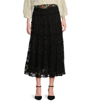 John Mark Lace Tiered A-Line Belted Pull-On Midi Skirt