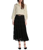 John Mark Lace Tiered A-Line Belted Pull-On Midi Skirt