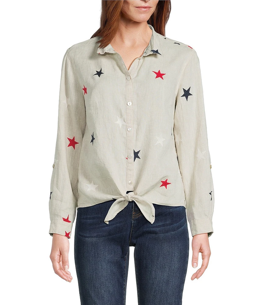 John Mark Linen Allover Embroidered Stars Wire Collar Long Roll-Tab Sleeve Button Front Tie Blouse