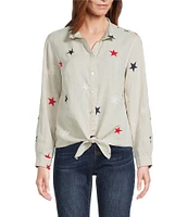 John Mark Linen Allover Embroidered Stars Wire Collar Long Roll-Tab Sleeve Button Front Tie Blouse