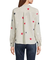 John Mark Linen Allover Embroidered Stars Wire Collar Long Roll-Tab Sleeve Button Front Tie Blouse