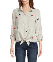 John Mark Linen Allover Embroidered Stars Wire Collar Long Roll-Tab Sleeve Button Front Tie Blouse