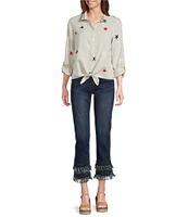 John Mark Linen Allover Embroidered Stars Wire Collar Long Roll-Tab Sleeve Button Front Tie Blouse