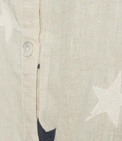 John Mark Linen Allover Embroidered Stars Wire Collar Long Roll-Tab Sleeve Button Front Tie Blouse