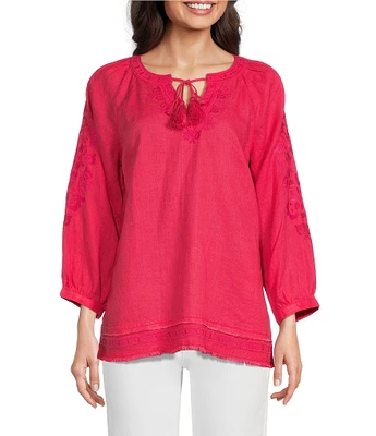 John Mark Linen Embroidered Split Neck 3/4 Sleeve Tunic