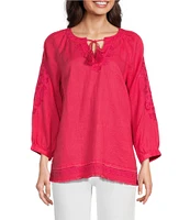 John Mark Linen Embroidered Split Neck 3/4 Sleeve Tunic