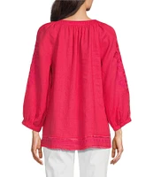 John Mark Linen Embroidered Split Neck 3/4 Sleeve Tunic