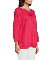 John Mark Linen Embroidered Split Neck 3/4 Sleeve Tunic